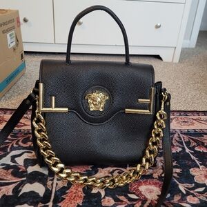 V Designer Satchel Bag Purse with Gold Medusa Head